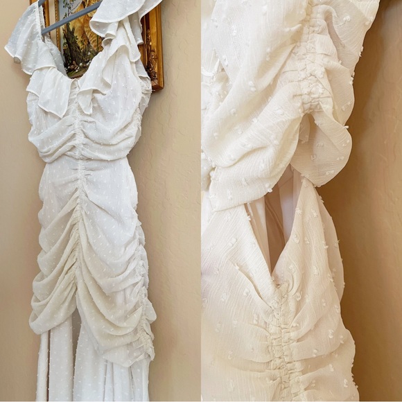 ASTR Ivory Cream Off White Swiss Dot Textured Ruched Ruffle Cut Out Midi Dress - Picture 12 of 17